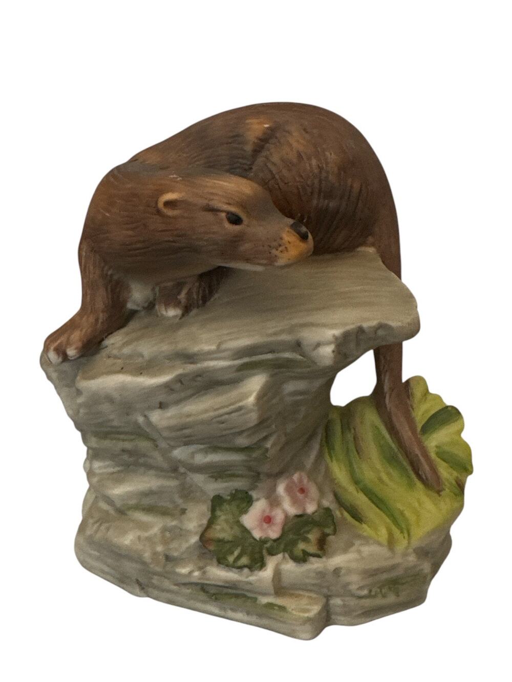 Vintage Alfretto Hand Painted Ceramic Otter Figurine on Rock